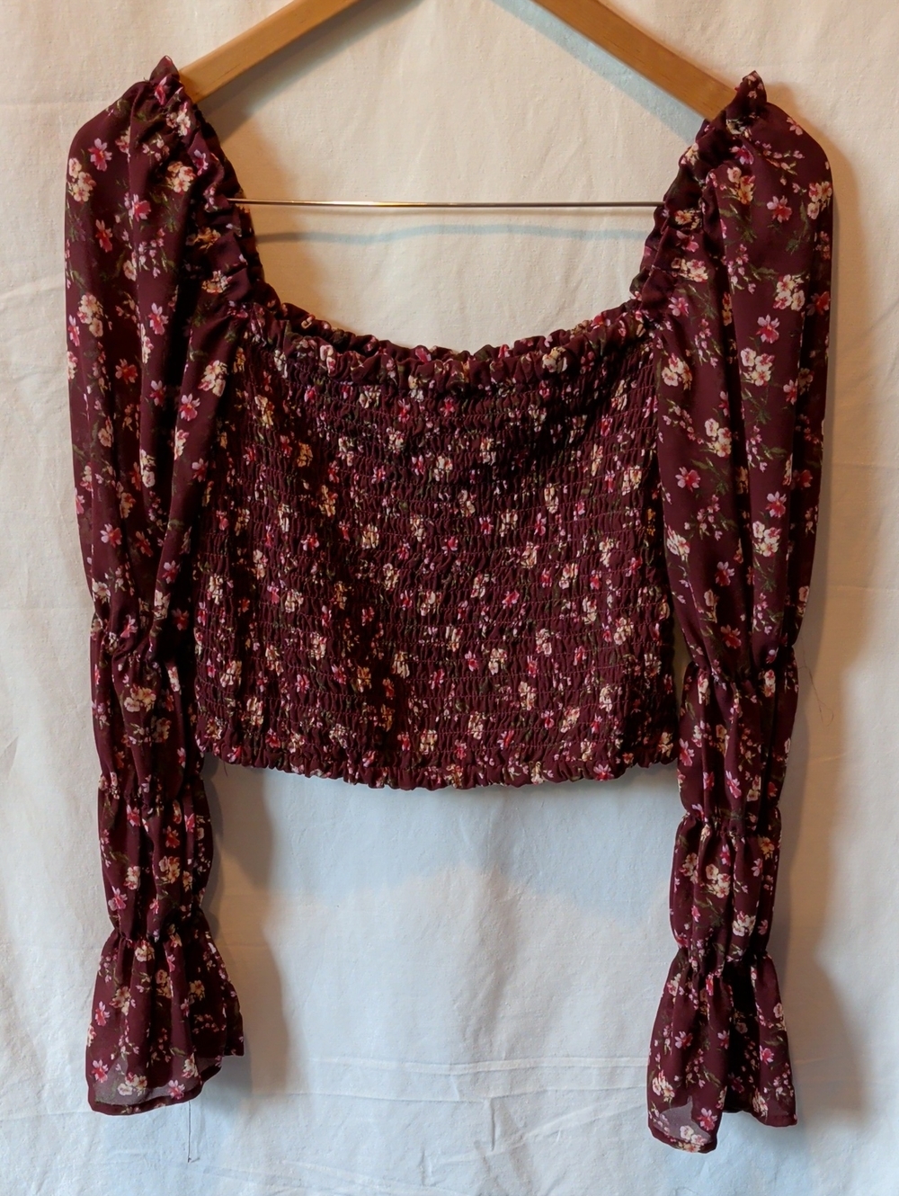 wild fable Burgundy Floral Smocked Long-Sleeve Crop Top